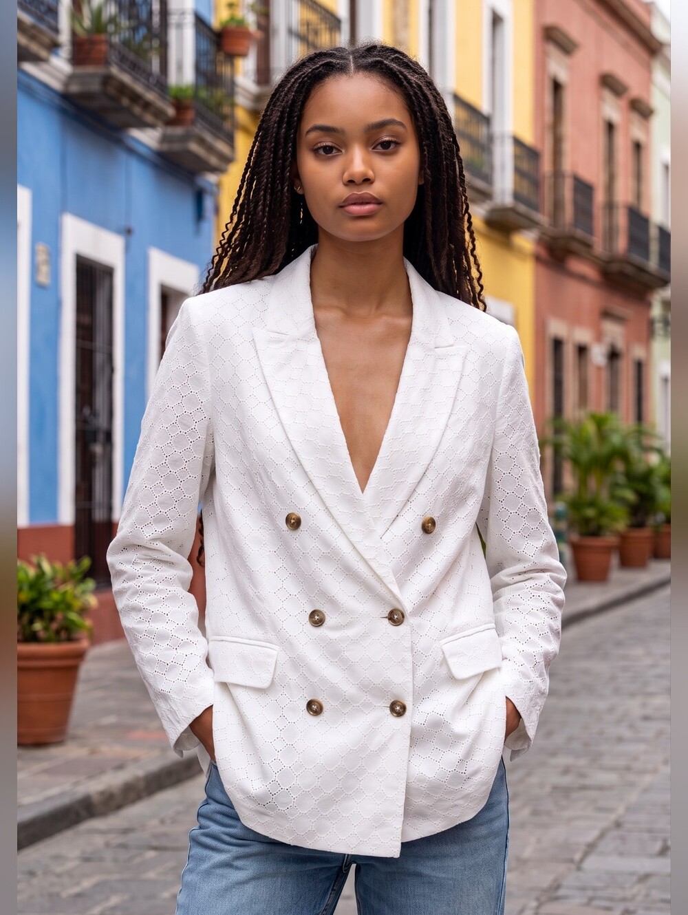 Tommy Hilfiger Nwt White Eyelet Double Breasted Longsleeve Unlined Blazer